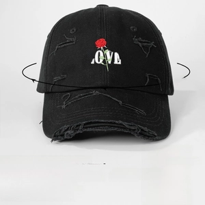 Black cotton baseball cap with LOVE rose embroidery and size guide details