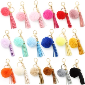 Fashion INS Faux Fur Ball Tassel Keychain For Women Bag Charm DIY Accessories Key Ring With Artificial Leather Tassel Metal Hook Jewelry