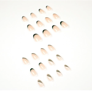 Olive green French almond press-on nails with wave pattern on neutral base