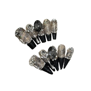 Handmade black French luxury press-on nails with dark rhinestones and glitter finish