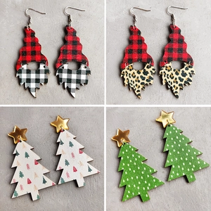 Christmas Tree And Gnome Drop Dangle Earrings Wood Plaid Leopard Print Holiday Party Jewelry Bohemian Style For Women Festive