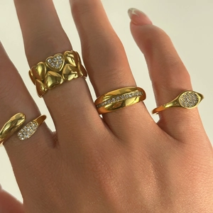 18k gold plated stainless steel paperclip and heart ring set with zircons for women