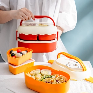 Detail view of large capacity tiered plastic lunch box with handle and cartoon prints