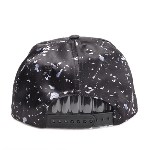 Back view of black hip hop snapback cap with white marble ink splash print pattern