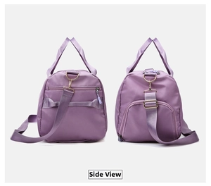 Side view of large purple fitness bag with adjustable shoulder strap and zipper pocket