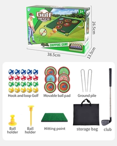 Vue détaillée des composants du jeu de golf et de la boîte d'emballage 38,5x26,5x13,5cm