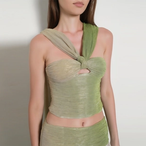 Sexy green gradient halter top and skirt set with ruched texture for beach vacation