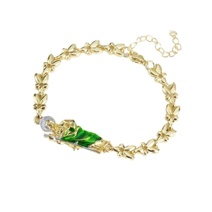 18K gold adjustable floral chain bracelet with green San Judas Tadeo religious pendant