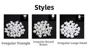 Macro detail of irregular white ABS faux pearl beads in triangle and round shapes