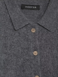 Close-up of charcoal gray wool knit polo shirt collar with light brown resin buttons
