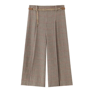Houndstooth wide-leg trousers with vintage brown plaid pattern and gold chain belt detail
