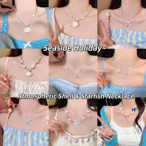 Summer Beach Ocean Seashell Starfish Pendant Beaded Necklace With Imitation Artificial Pearl Alloy Resin For Women Holiday
