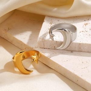 Minimalist moon and star stainless steel open rings in gold and silver finish