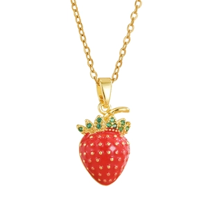 Cute red strawberry pendant necklace with golden chain and green crystal leaf details