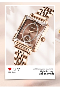 Detailed macro view of a rose gold rectangle watch face with sparkling diamond inlay