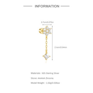 Detailed spec sheet showing 925 sterling silver gold earring with zirconia dimensions