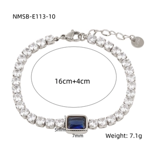 Detailed view of silver titanium steel bracelet with white zircons and blue square stone