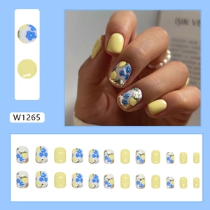 Short square lemon yellow vintage floral press-on nails set with blue floral patterns