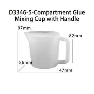Macro view of 5-compartment silicone mixing cup with handle showing precise dimensions
