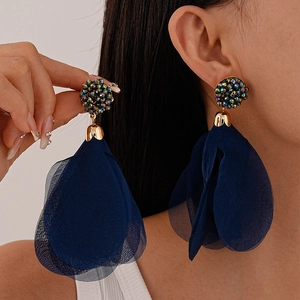 Exaggerated Blue Mesh Gauze Petal Tassel Drop Earrings With Silver Earring Post Alloy Crystal Vacation Style For Women