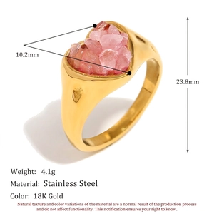 18K gold plated stainless steel heart ring with pink stone inlay for women