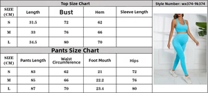 Size chart for seamless yoga set including high-waist leggings and blue sports top