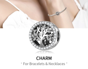 Detailed view of S925 silver Tree of Life charm with sparkling white zircons for bracelets