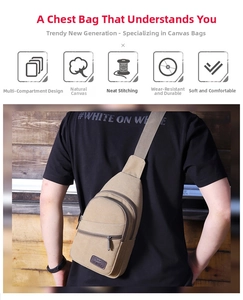 Detail view of khaki canvas sling bag showing multi-zipper compartments and durable texture