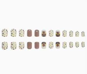 Lot détaillé de 24 faux ongles de Thanksgiving avec dindes mignonnes et pois colorés