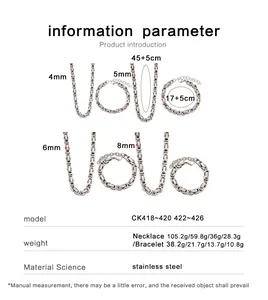 Detailed parameter table showing sizes and weights of stainless steel Byzantine jewelry sets
