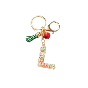 Christmas letter L resin keychain with Santa sequins, red bell and green tassel