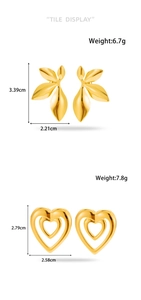 Detailed tile display of heart and leaf gold earrings with weight and size specs