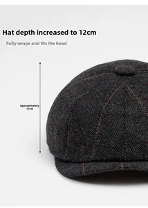 Detail shot showing 12cm depth of the grey herringbone wool newsboy cap for men