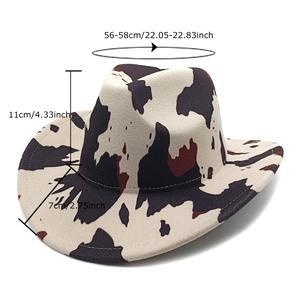 Cow print western cowboy hat with sizing details, 56-58cm circumference and 7cm brim