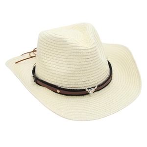 Detailed close-up of a straw cowboy hat featuring a silver bull skull emblem and leather band
