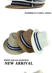 Detail of braided straw fedoras with striped ribbons in multiple colors for sun protection
