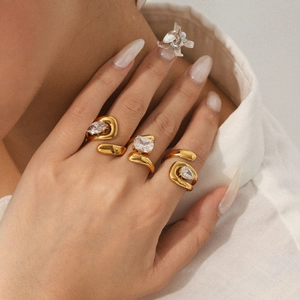 Minimalist Geometric Open Ring Gold Plated Stainless Steel Clear Zircon Adjustable Finger Jewelry For Women Accessory