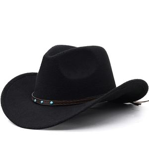 Western Cowboy Hat Vintage Wide Brim Polyester Felt Fedora With Leather Belt Turquoise Beads For Men Women