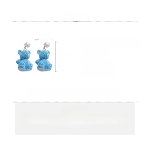 Detailed size chart for blue flocked bear earrings with imitation pearl accents