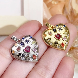Colorful heart-shaped pendants in gold and silver finish with multicolor zircon inlays