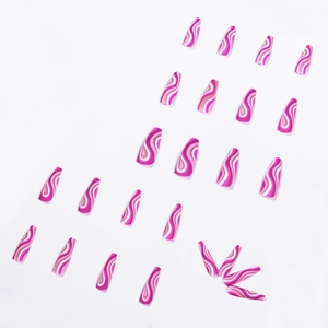 Pop art style coffin shape press-on nails with pink and white swirl patterns set of 24