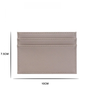 Slim grey Saffiano PU leather card holder measuring 10cm x 7.5cm with multiple card slots