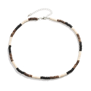 Bohemian men's coconut shell wood bead necklace with adjustable lobster clasp on white background