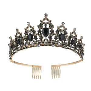 Luxurious gold crown with black teardrop gems for bridal parties and elegant events