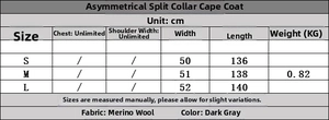 Size chart for asymmetrical cape coat detailing dimensions in centimeters for S, M, L sizes