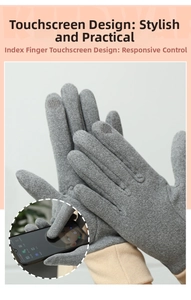 Detail view of the touchscreen-sensitive index finger on grey knitted winter gloves