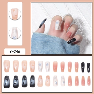 Star pattern gradient coffin press-on nails set in pink, black, and white glitter finish