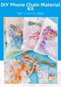 Detail of DIY phone chain kit with colorful clay beads, letter charms and pendants