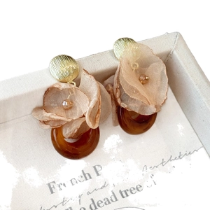 French vintage resin hoop earrings with chiffon floral petals and gold metal studs