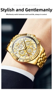 Detailed close-up of a gold chronograph watch with skeletal dial and metal link bracelet